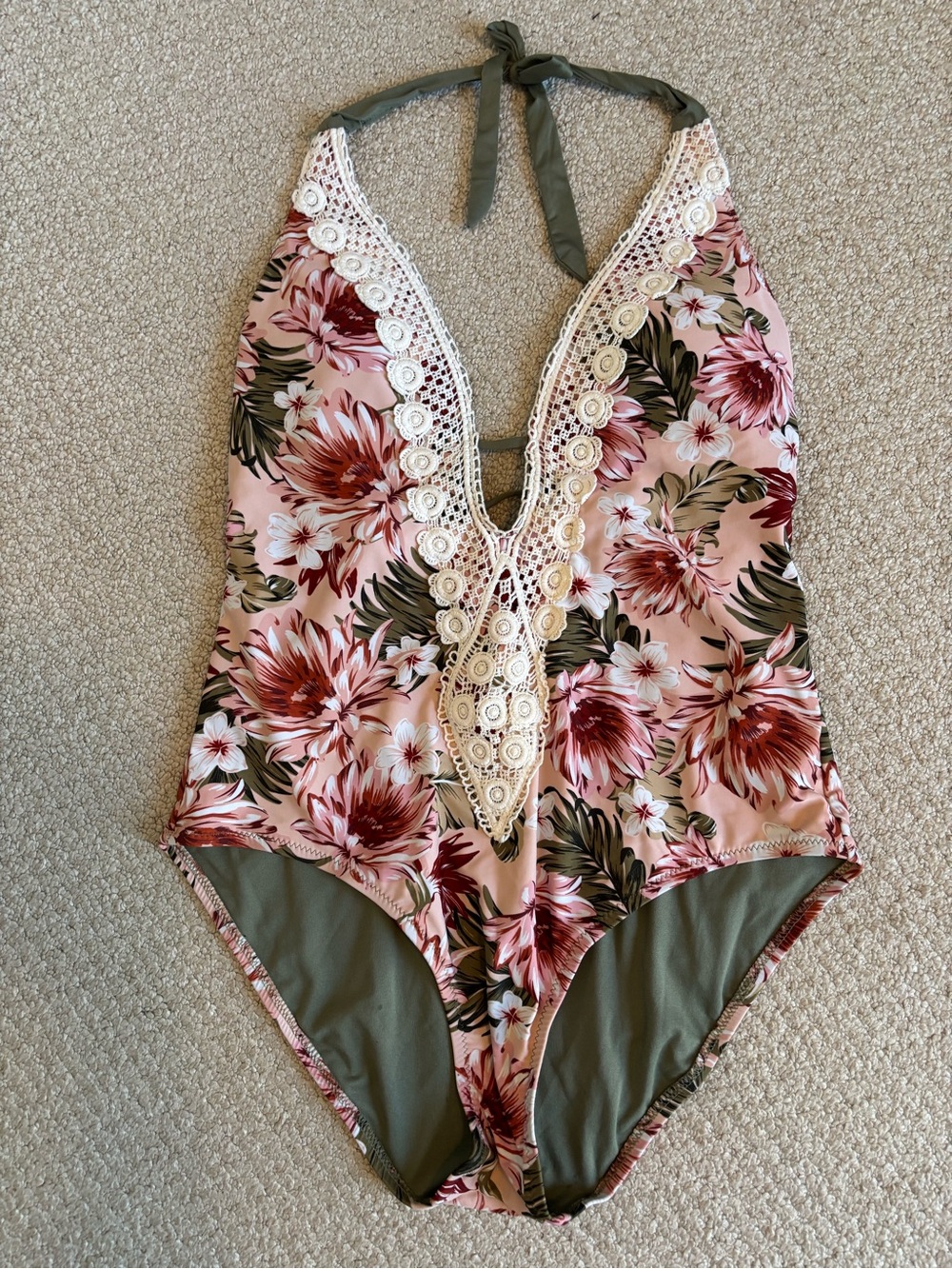 Cupshe Floral Pink One-Piece Halter Swim Suit with Crochet Trim